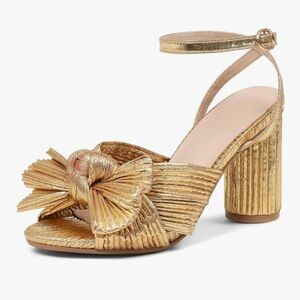 Gold Metallic Bow Block-Heel Sandal